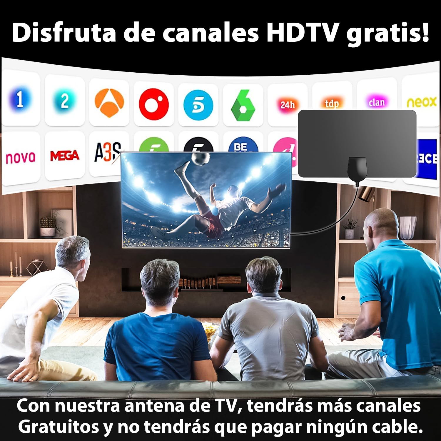 Antena TV Interior Digital de Panel 2026 – Diseño Ultrafino y Flexible con Amplificador, Recepción 360° de Largo Alcance, Compatible TDT/DVB-T2, Canales Gratis 4K/Full HD