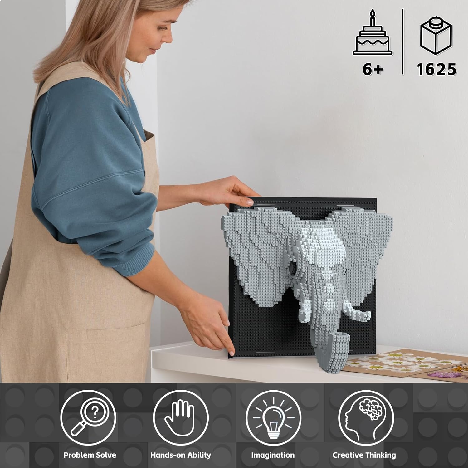 3D Elephant Animal Wall Art Micro Mini Building Blocks Set for Adults, No Compatible with Lego, Unique Table Display & Home Wall Decor, Creative Toy Gift for Chritsmas Birthday (1625 PCS)