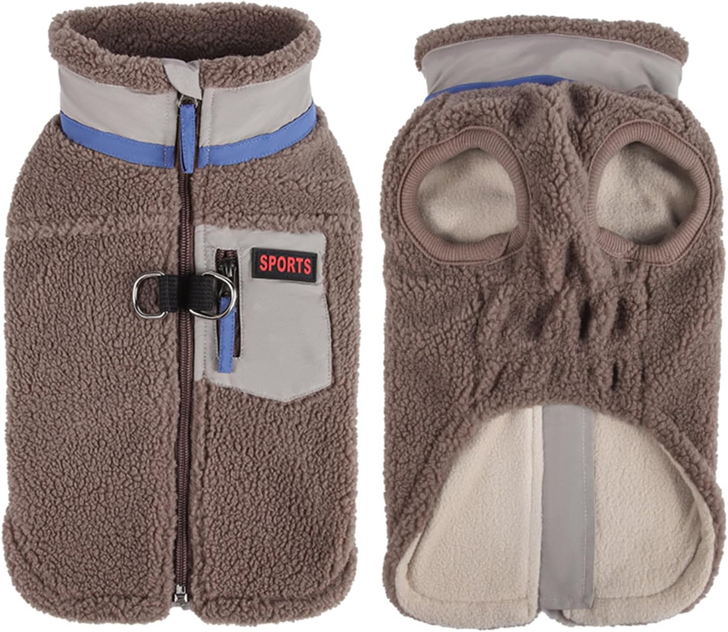 FEimaX Dog Winter Coat Fleece Lined Dog Jacket with High Collar&Zipper, Snowsuit for Small to Medium Dogs, Windproof Puppy Cold Weather Coats with D-Ring Leash, Doggie Vest Pet Snow Vest（Coffee）