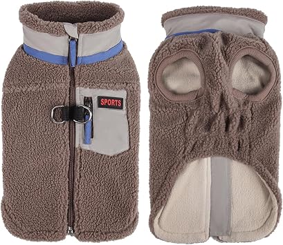 FEimaX Dog Winter Coat Fleece Lined Dog Jacket with High Collar&Zipper, Snowsuit for Small to Medium Dogs, Windproof Puppy Cold Weather Coats with D-Ring Leash, Doggie Vest Pet Snow VestCoffee