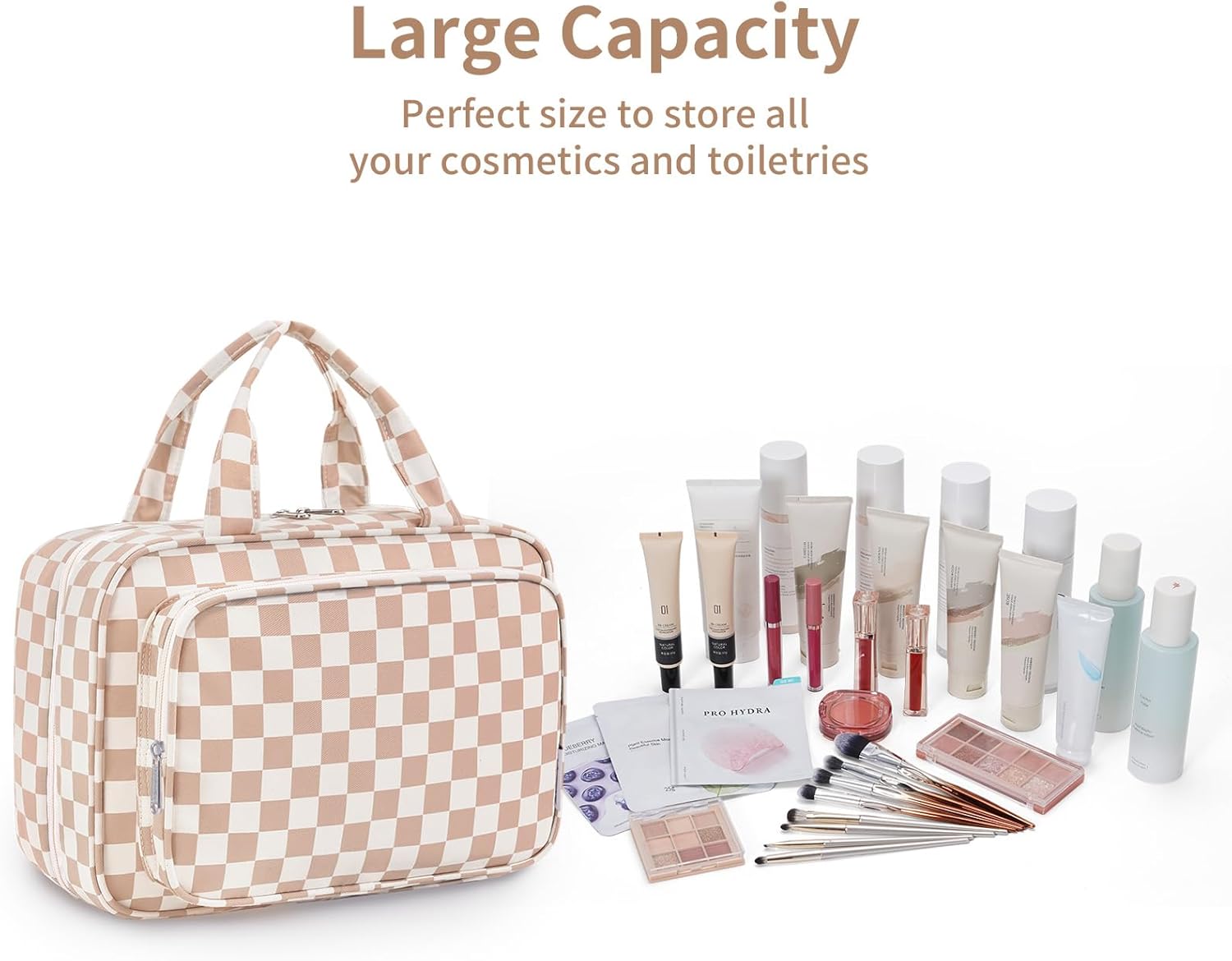 Narwey Travel Toiletry Bag for Women Large Hanging Makeup Bag Organizer Toiletries Bag for Full Size Essentials Accessories Cosmetics (Light Checkerboard (Large))