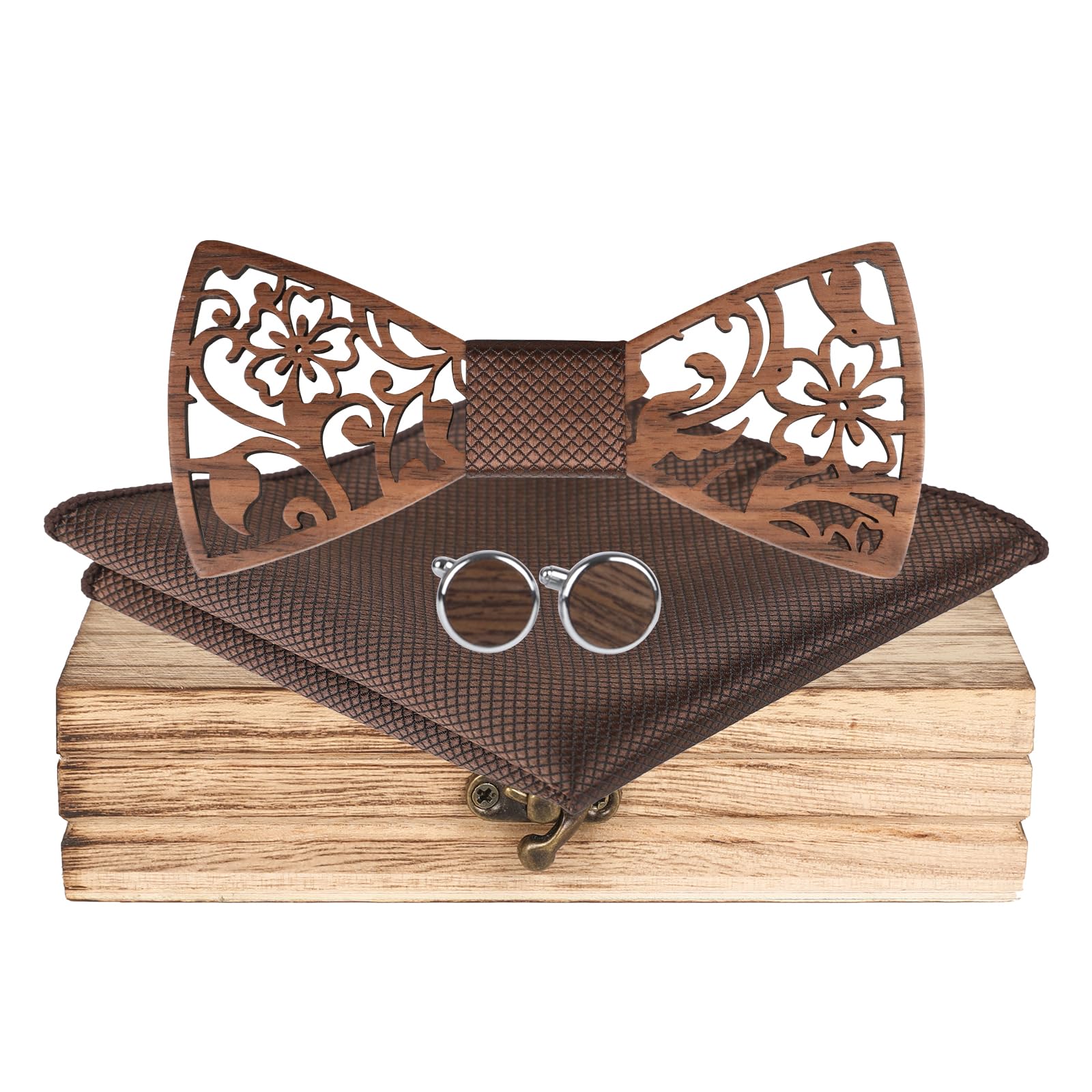 Mr.Van Noeud Papillon Bois les hommes, Naturel Noir Noyer Creux Sculpture Fleurs, Coffret en Bois (comprenant Boutons de Manchette,Mouchoir et Noeud papillon) pour Groomsman de Mariage Business