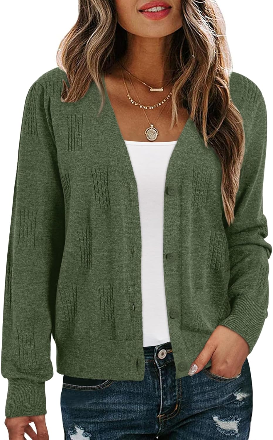 Dokotoo Women's Fall Long Sleeve Lightweight 2025 V-Neck Cardigan Button Down Twisted Cable Knit Shrugs Sweaters