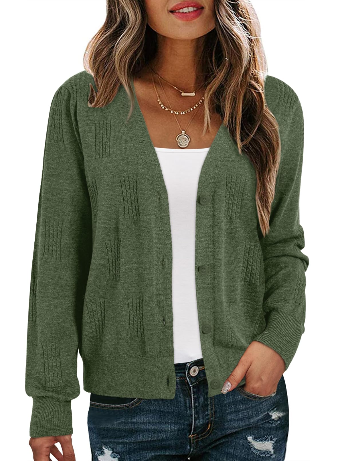 Dokotoo Womens Fall Long Sleeve Lightweight 2025 V-Neck Cardigan Button Down Twisted Cable Knit Shrugs Sweaters