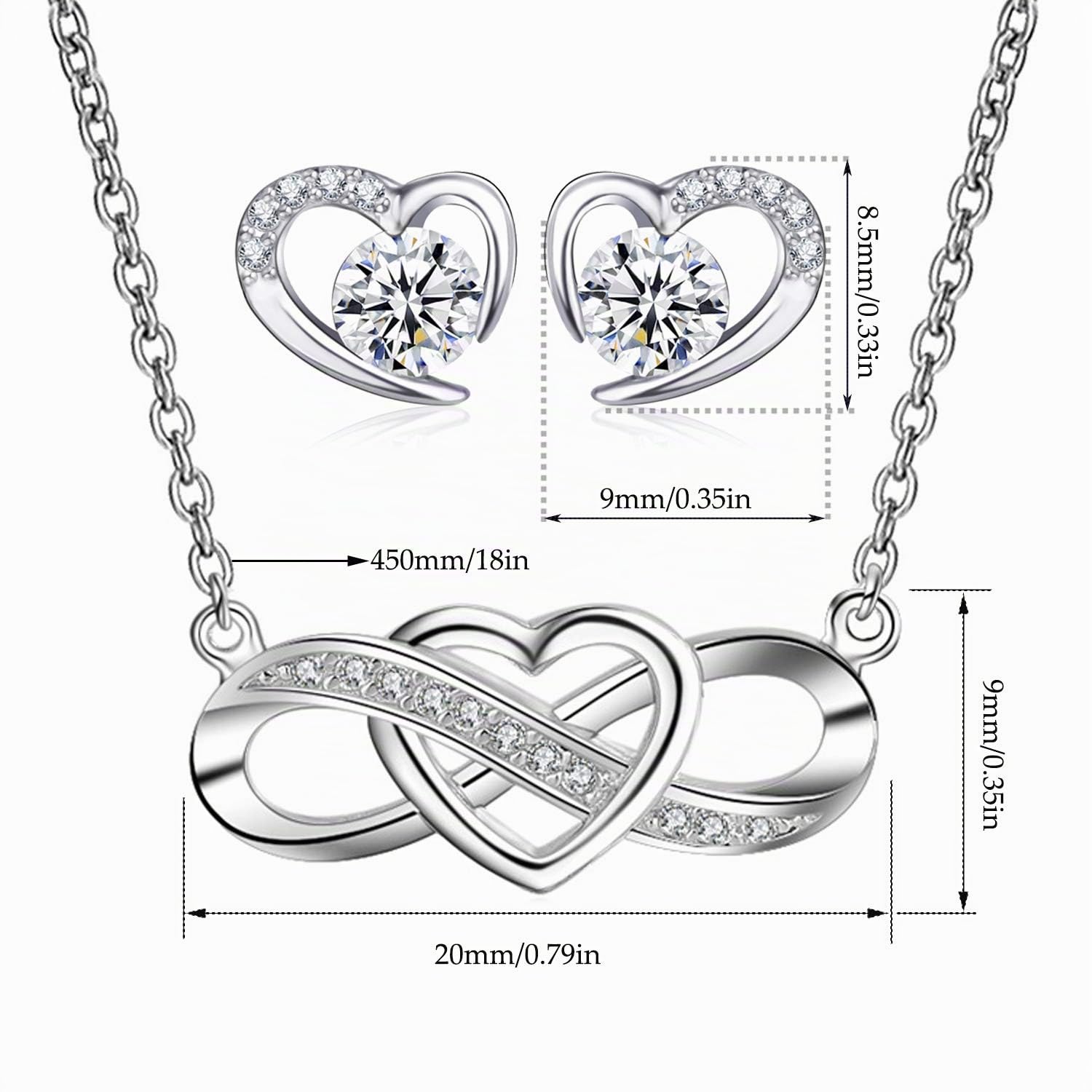 Parure Gioielli per Donna Ragazze, Argento 925, Collana e Orecchini Set Infinito Cuore, Regalo Natale Compleanno Festa Della Mamma