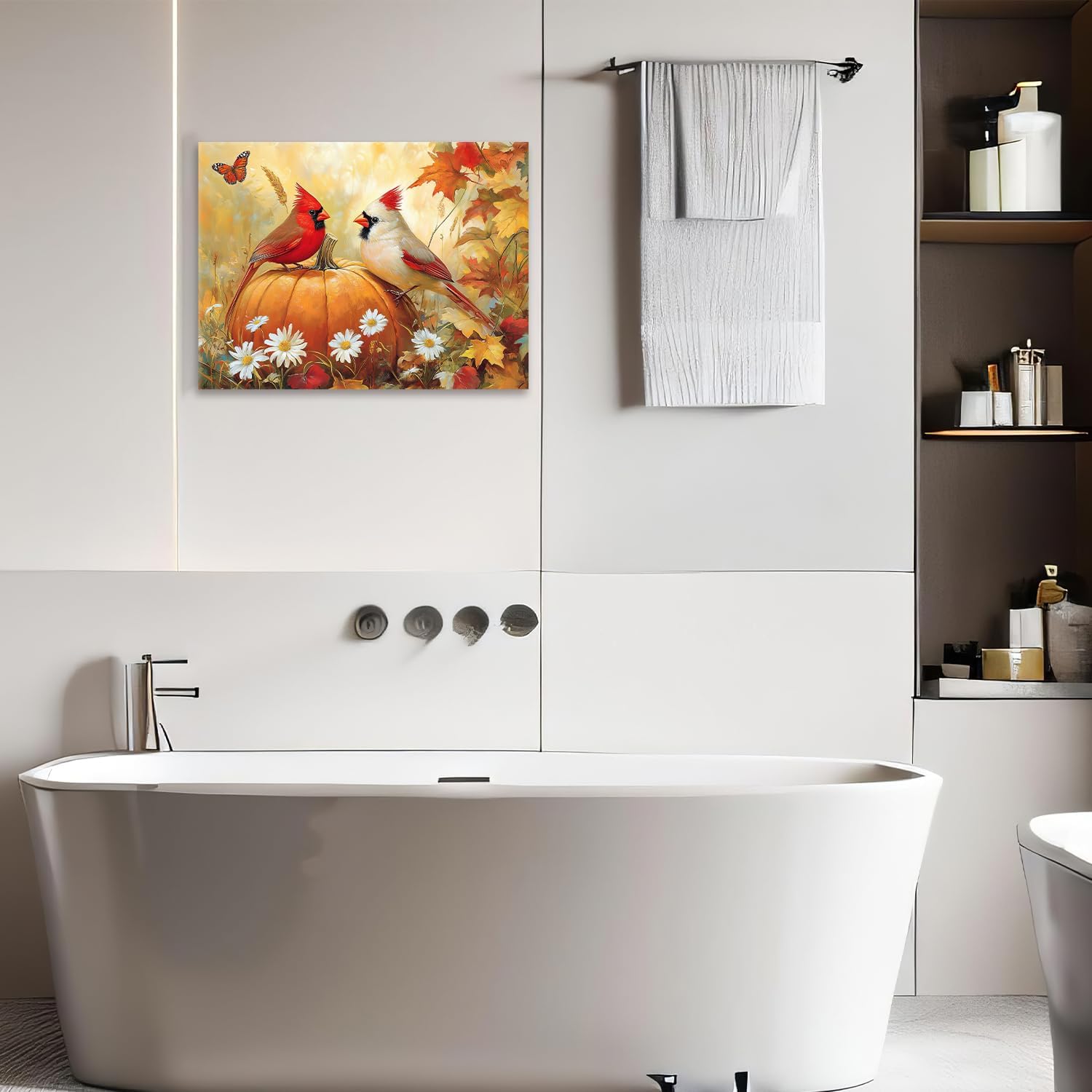 Cardinal Canvas Wall Art Fall Autumn Christian Pictures Animal Red Birds Painting Maple Leaf Pumpkin Daisy Prints Religious Modern Artwork for Bathroom Bedroom Office Framed Wall Decor 12"x16"