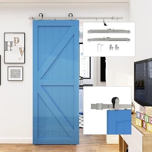 Miniatura 9 de JUBEST Kit de herrajes para puerta corrediza de granero de níquel cepillado de 6 pies, kit de riel plano de rodillo para colgar suave y