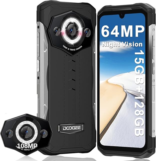 DOOGEE S99 (2023) Rugged Smartphone Android 12, 108MP Rear +64MP Night Vision+32MP Front Camera, 15GB+128GB Helio G96 Octa-core, 6000mAh, 6.3 FHD+ Display, Dual SIM IP68 Waterproof Phone, NFC-Black