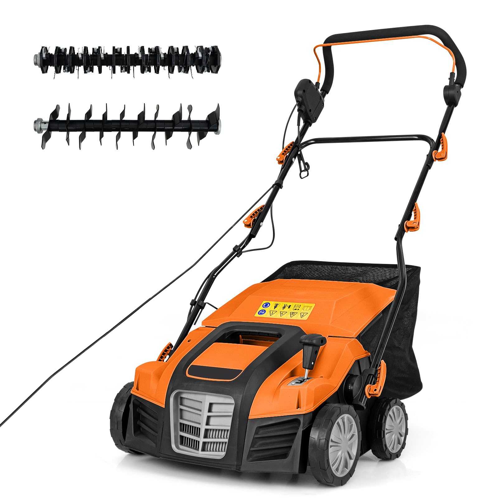 GOPLUS Escarificador Eléctrico, Cortacésped de Empuje con Ajuste de Profundidad de 5 Posiciones, Bolsa de Recolección Desmontable 55 L, Rastrillo Eléctrico Plegable para Cuidado del Césped (Naranja)