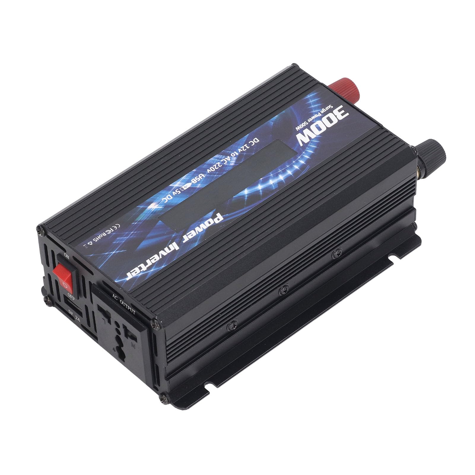 Hyuduo Konwerter Samochodowy Aluminiowy Falownik 300 W DC 12 V na AC 220 V z 2 A USB Wentylator Chłodzący z Wyświetlaczem LCD do Wycieczek Samochodowych Kemping Awaryjne Kopie Zapasowe (BLACK)