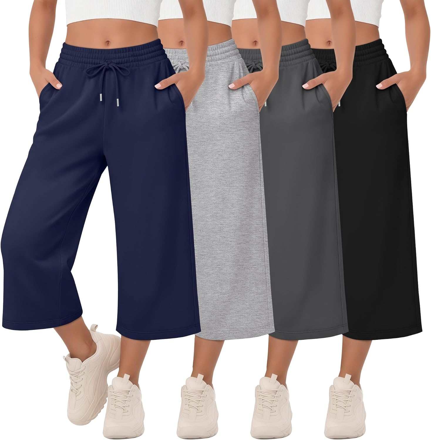 4 Pack Girls Capri Pants Wide Leg Baggy Cropped Sweatpants Basic Casual Solid Capris with Pockets and Drawstring