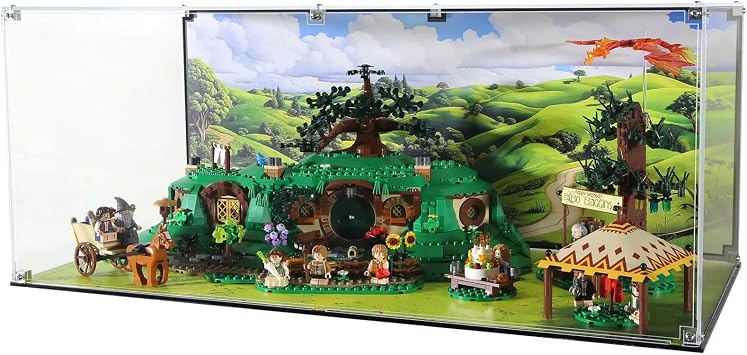 Display Case Compatible with LEGO Icons 10354 The Lord of the Rings The Shire Enclosed Case with UV-Printed Background and Base Set Not Included