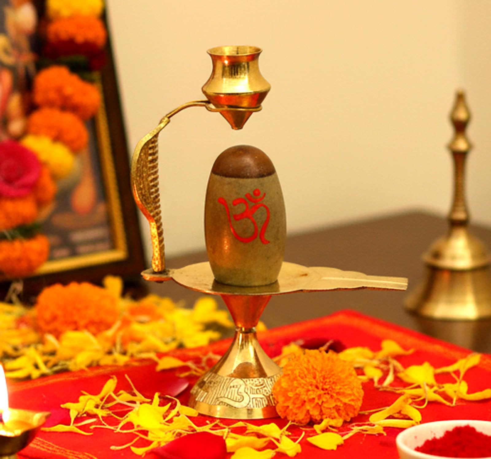 Narmadeshwar Shiva Lingam Shiv Ling With Brass Water Pitcher And Trishul - 5.25" Inches Golden