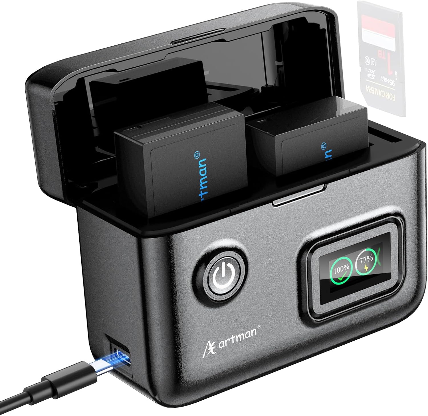 Artman NP-W126 NP-W126S Battery 1500mAh (2-Pack) and 2-Slot LCD USB-C Fast Charger for Fujifilm X-M5,X100VI,X100V,X100F,X-T3,X-T30,X-T30 II,X-E4,X-A5,X-A7,X-S10,X-Pro3 Cameras, Smart Percent Display