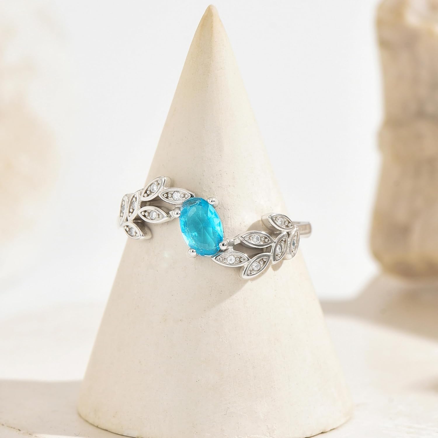 Halo Eternity Band Ring for Women 925 Sterling Silver Aquamarine Crystal Birthstone Stackable Rings 14k Plated Blue Cubic Zirconia Leaf Engagement Ring to Daughter Mother Wedding Jewelry Gift - Image 6