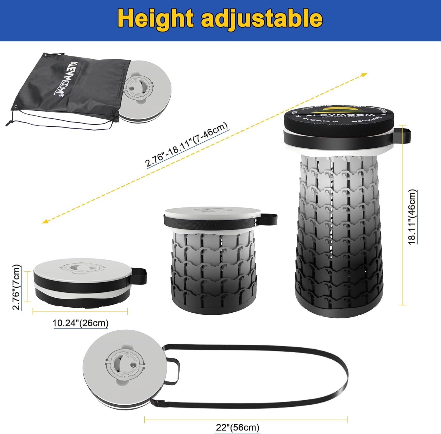 ALEVMOOM Upgraded 18.1" XL Collapsible Stool with Cushion, Portable Folding Stools for Adults Capacity 800lbs, Lightweight Telescoping Stool for Camping Travel Fishing Hiking