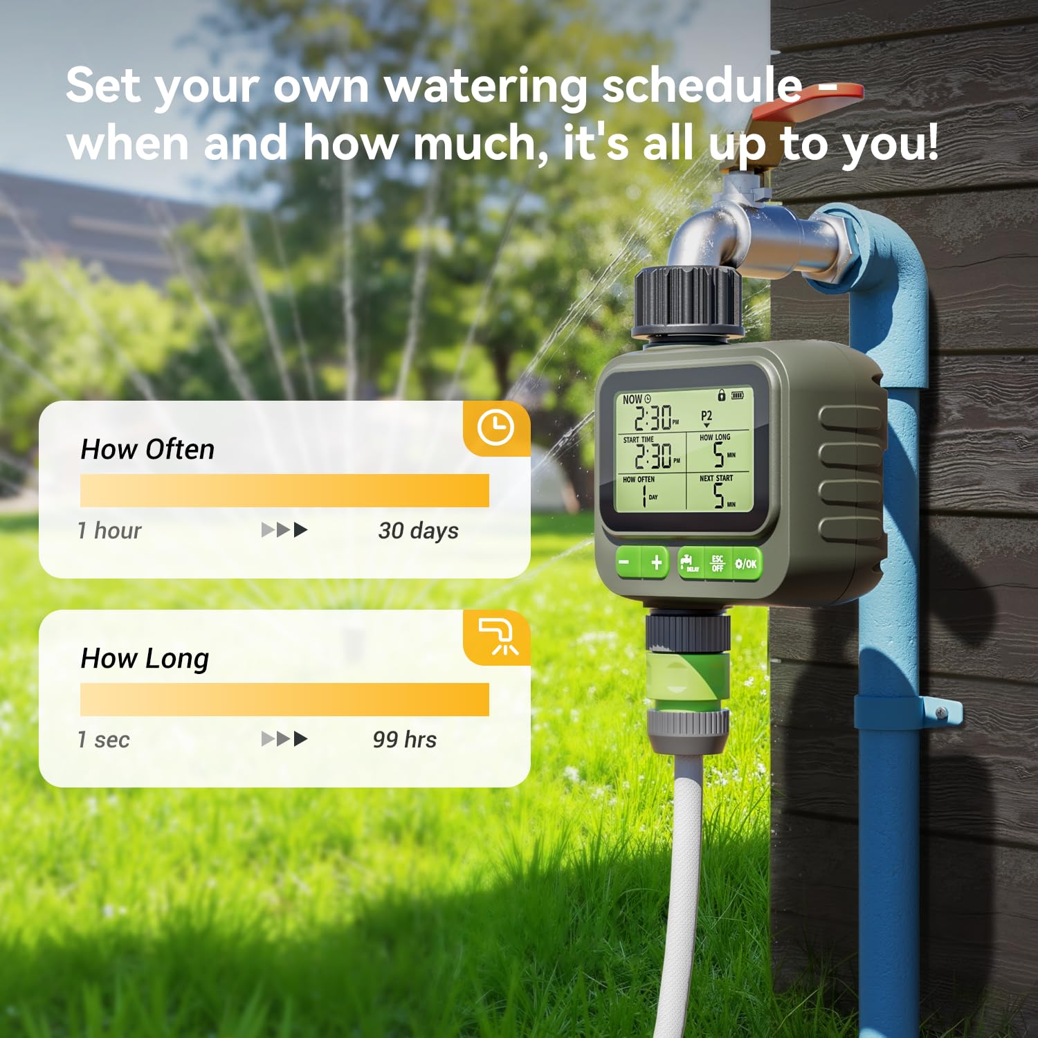 Timer irrigatore, timer programmabile per tubo da giardino, rubinetto per tubo da giardino, rubinetto per tubo flessibile esterno temporizzato con 4 piani/ritardo pioggia/sistema di