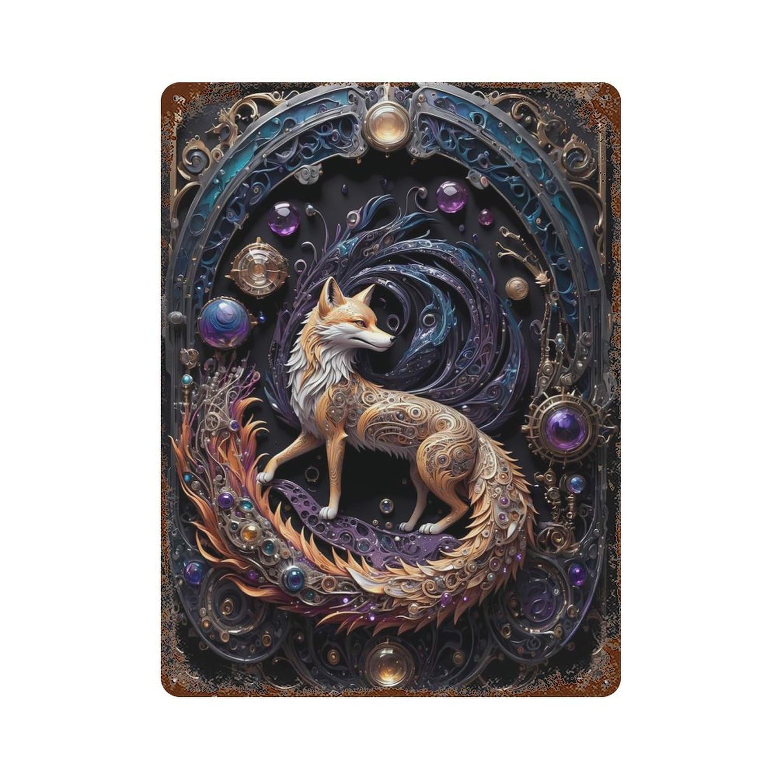 Steampunk Red Fox Art Deco Retro Metal Sign 15.7"x11.8", Decorative Metal Wall Art for Basement, Hobby Room And Garage Decor