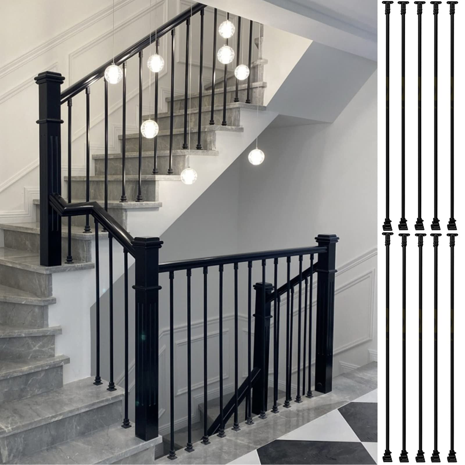 Balaustres de hierro negro contra la vibración y el desgaste en barandillas de escaleras y porches