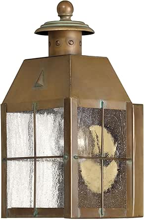Hinkley Nantucket Single Light Outdoor Wall Mount Lantern, Brass Material, Clear Seedy Glass Panels, New England Design, Natural Patina, Aged Brass Finish
