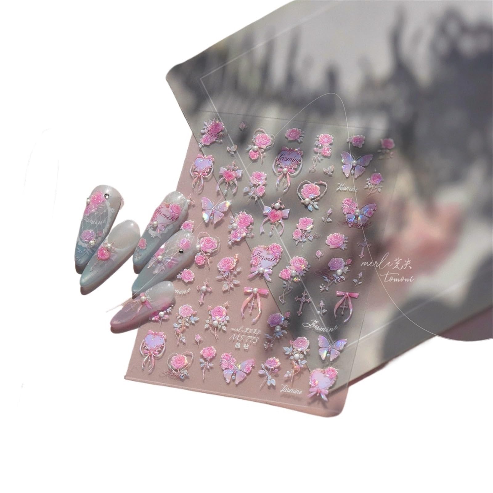 3pcs Sweet Pink Flower Nail Art Stickers Crystal Diamond 5D Rose Butterfly Self Adhesive Nails DIY Manicure Decorations(White)