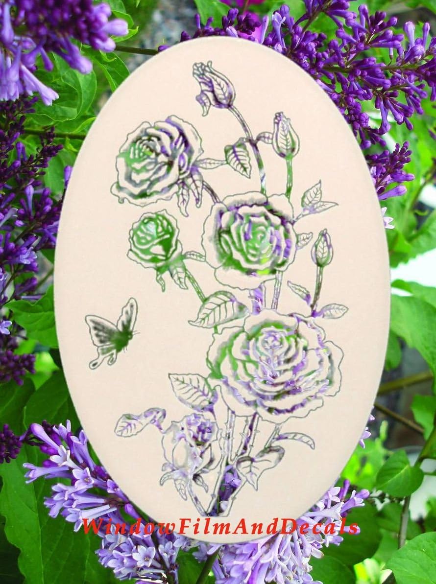 Roses Etched Window Decal Vinyl Glass Cling - 15" x 23" - White w/Clear Design Elements