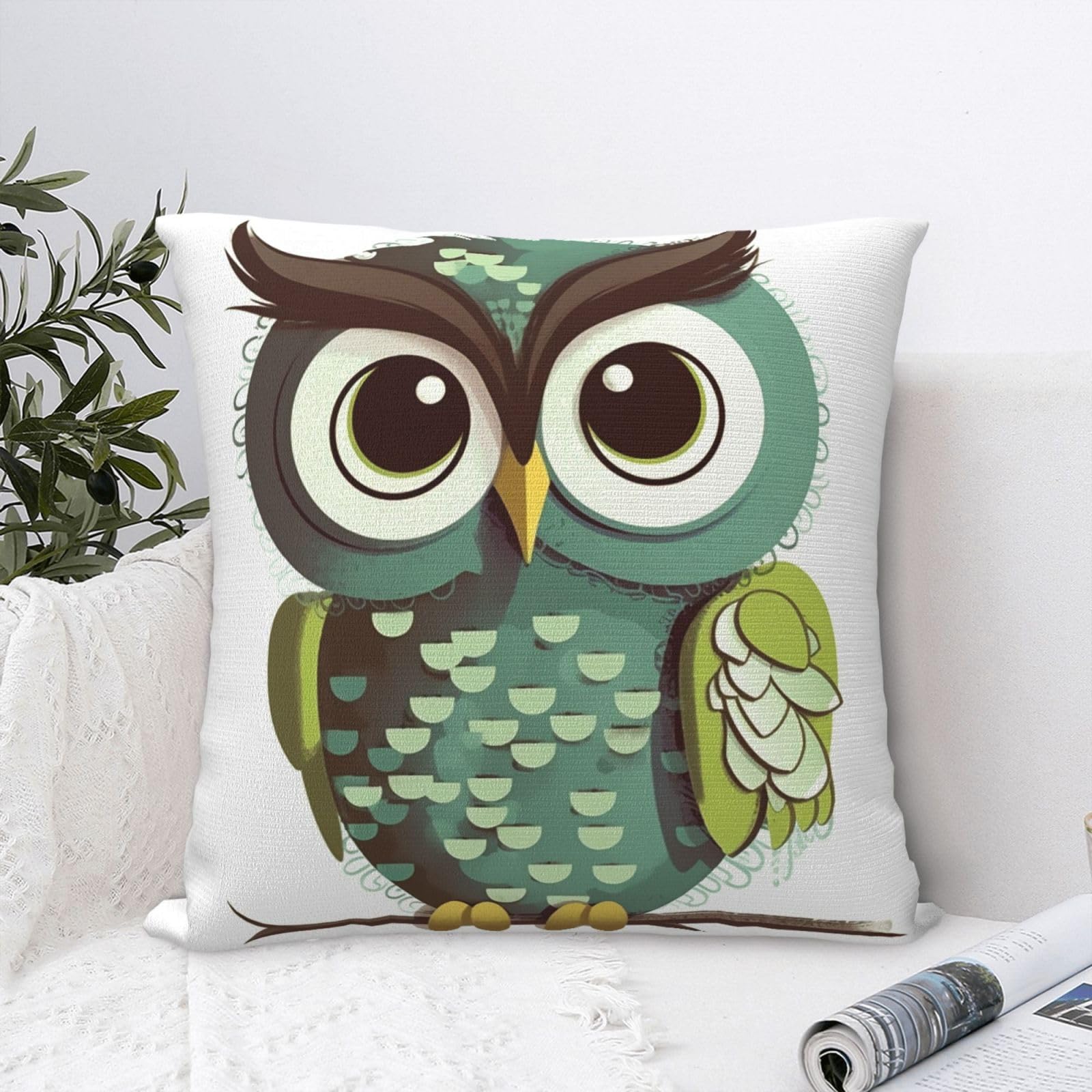 FodPand Luxury Velvet Throw Pillow Covers 24"x24" Super Soft Decorative Pillow Cases - Cartoon Green Cute Owl Pillowcases Modern Lumbar Cushion Cases for Couch Sofa Bed Pillow Shams
