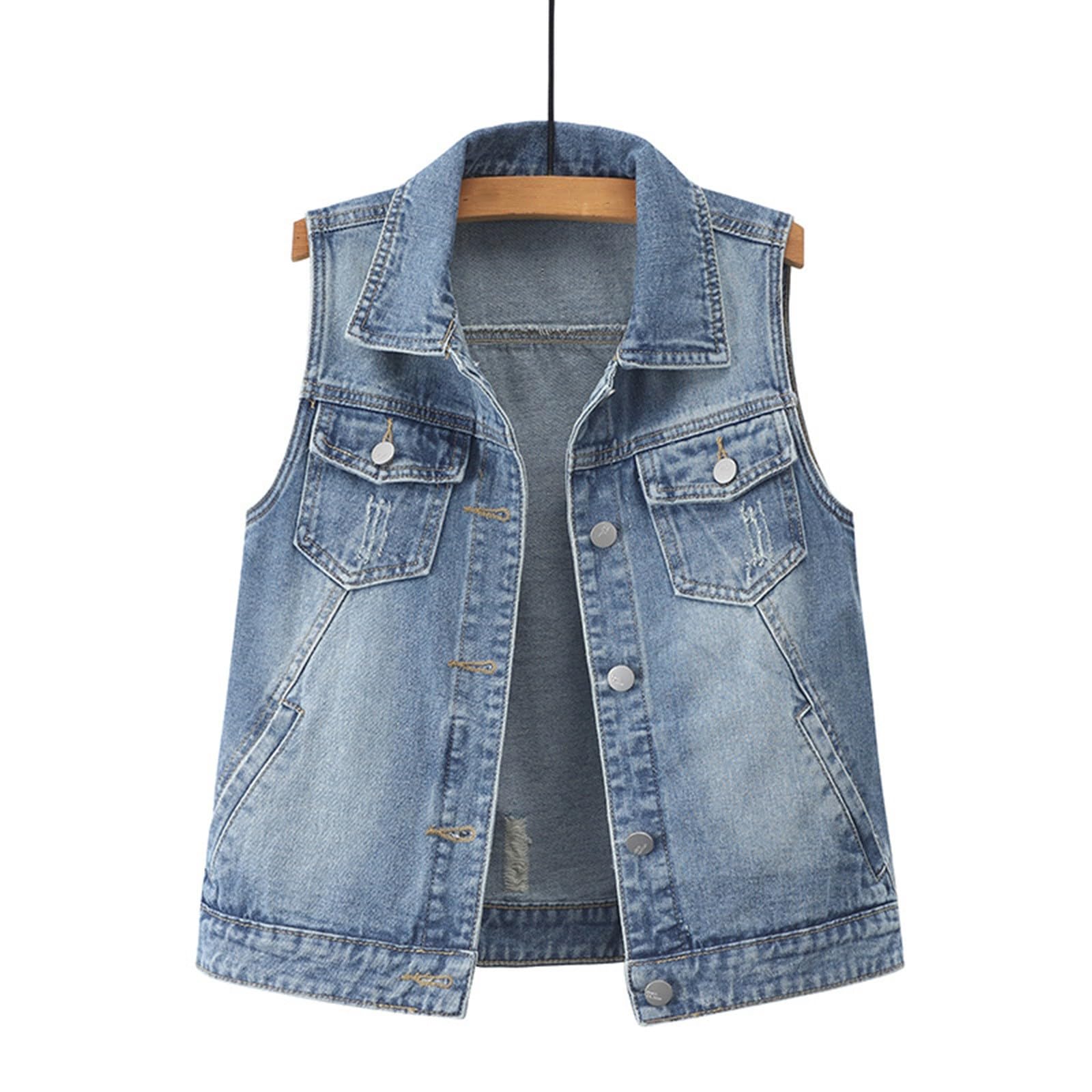 WWricotta Chaleco vaquero para mujer, medio corto, chaqueta sin mangas, desgastado de algodón, ideal para primavera y verano, varios lavados, estilo casual, femenino