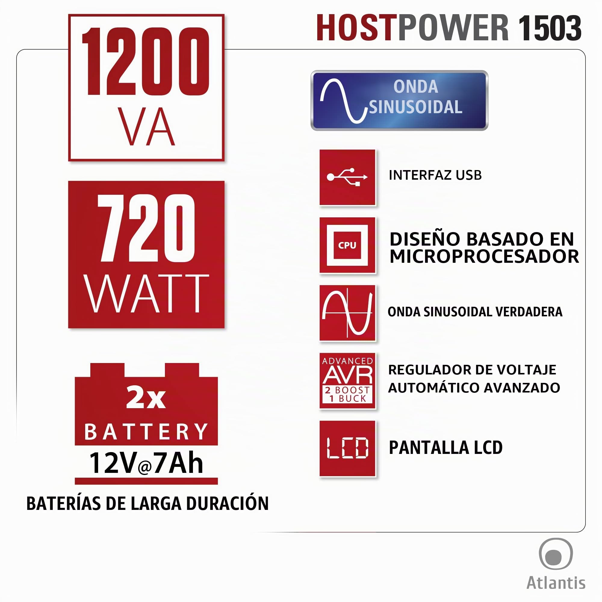 Atlantis A03-HP1503 Sistema de alimentación ininterrumpida Onda sinusoidal Pura 1200VA 720W Line Interactive, LCD, USB-HID, 3 IEC + 2 Schuko, protección RJ45,Cable de alimentación, 2 baterías 12V 7Ah