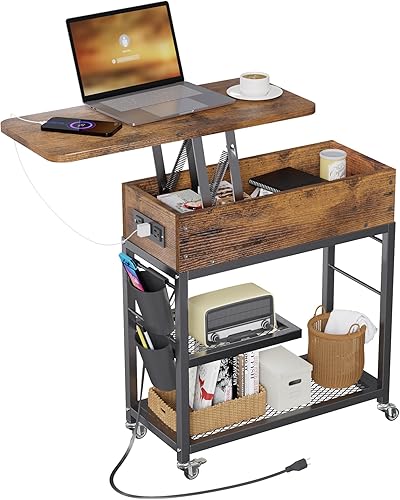 Colima Mesa auxiliar elevable con estación de carga y ruedas, mesa auxiliar de sofá de almacenamiento oculta estrecha con puerto USB, mesita de