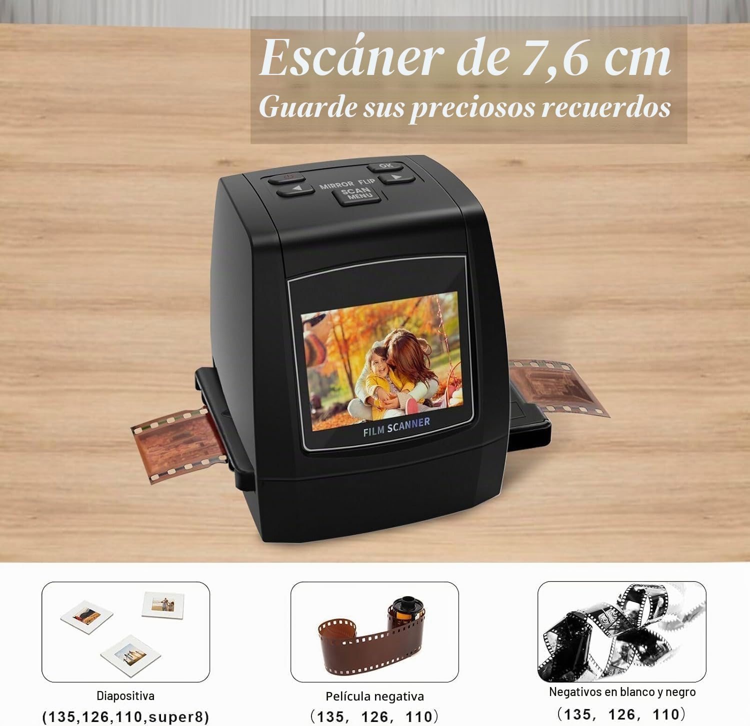 Escáner de películas Digitales, Escáner de Diapositivas y Negativos Convierte Negativos y Diapositivas de película de 35 mm, 126, 110, Super 8 y 8 mm a imágenes JPEG, Negro
