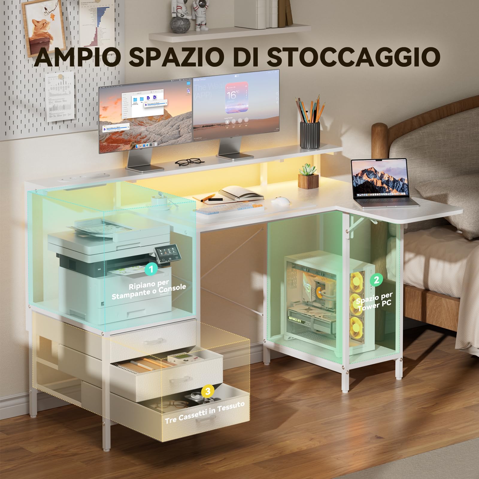 SOLAVERO Scrivania Angolare con Piano Pieghevole, 140cm Scrivania Gaming a l con Prese & USB-C, Tavolo Computer con Cassetti in Tessuto, Tavolo Ufficio con Supporto per Monitor, Bianco