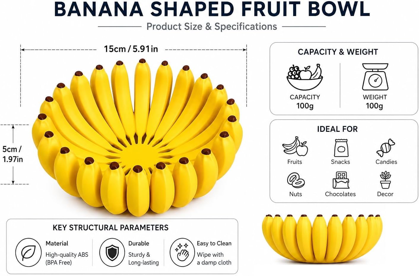 Creative Banana-Shaped Fruit Bowl, Decorative Ceramic Fruit Basket for Kitchen Counter, Unique Food Storage Organizer for Fruits, Snacks & Cosmetics, Cute Home Décor Centerpiece, Large 25cm