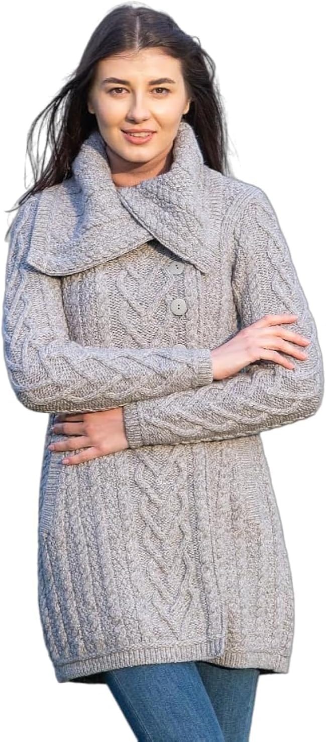 SAOL Women’s Coatigan – 100% Merino Wool Cable Knit Irish Cardigan with Pockets – Classic Warm Long Sweater Coat
