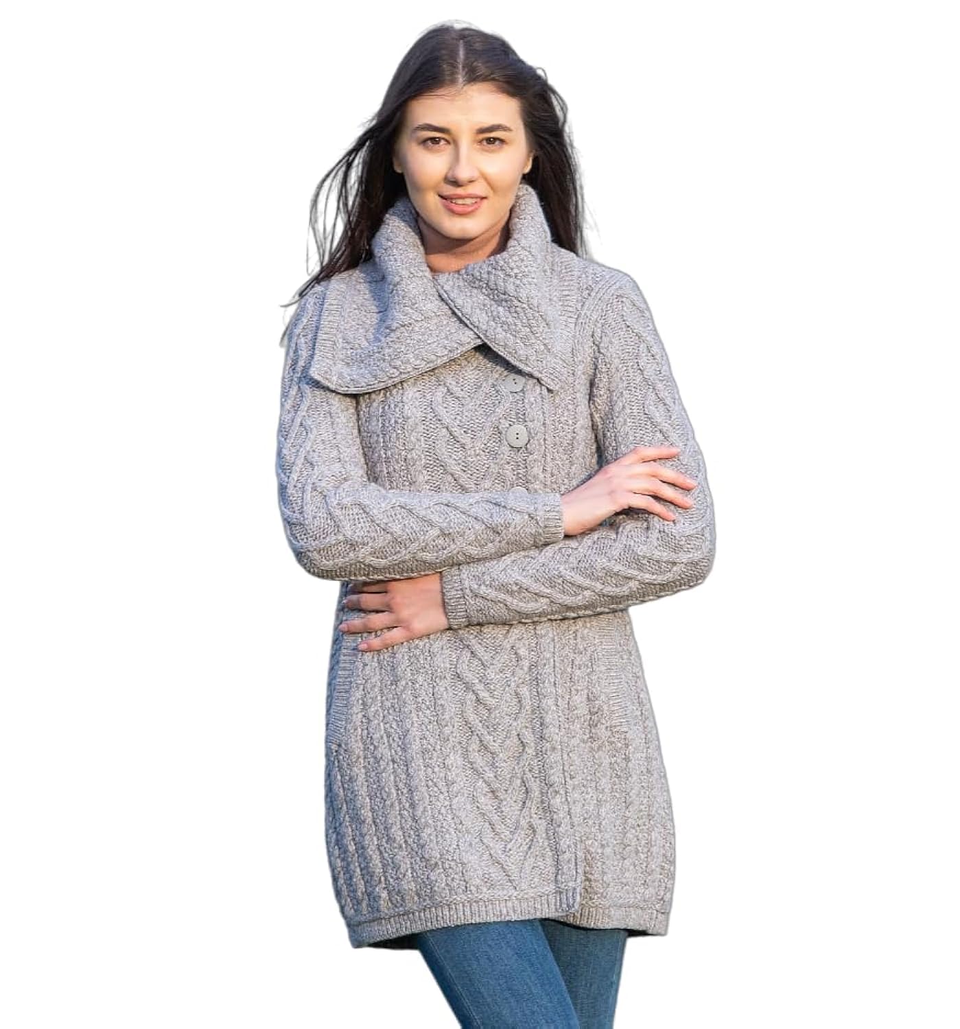 SAOL Womens Coatigan 100 Merino Wool Cable Knit Irish Cardigan with Pockets Classic Warm Long Sweater Coat