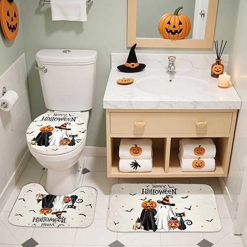 Miniatura 4 de Mocsicka Juego de cortinas de ducha de Halloween para baño, 4 piezas, fantasma, gato, calabaza, juegos de baño con alfombras antideslizantes,