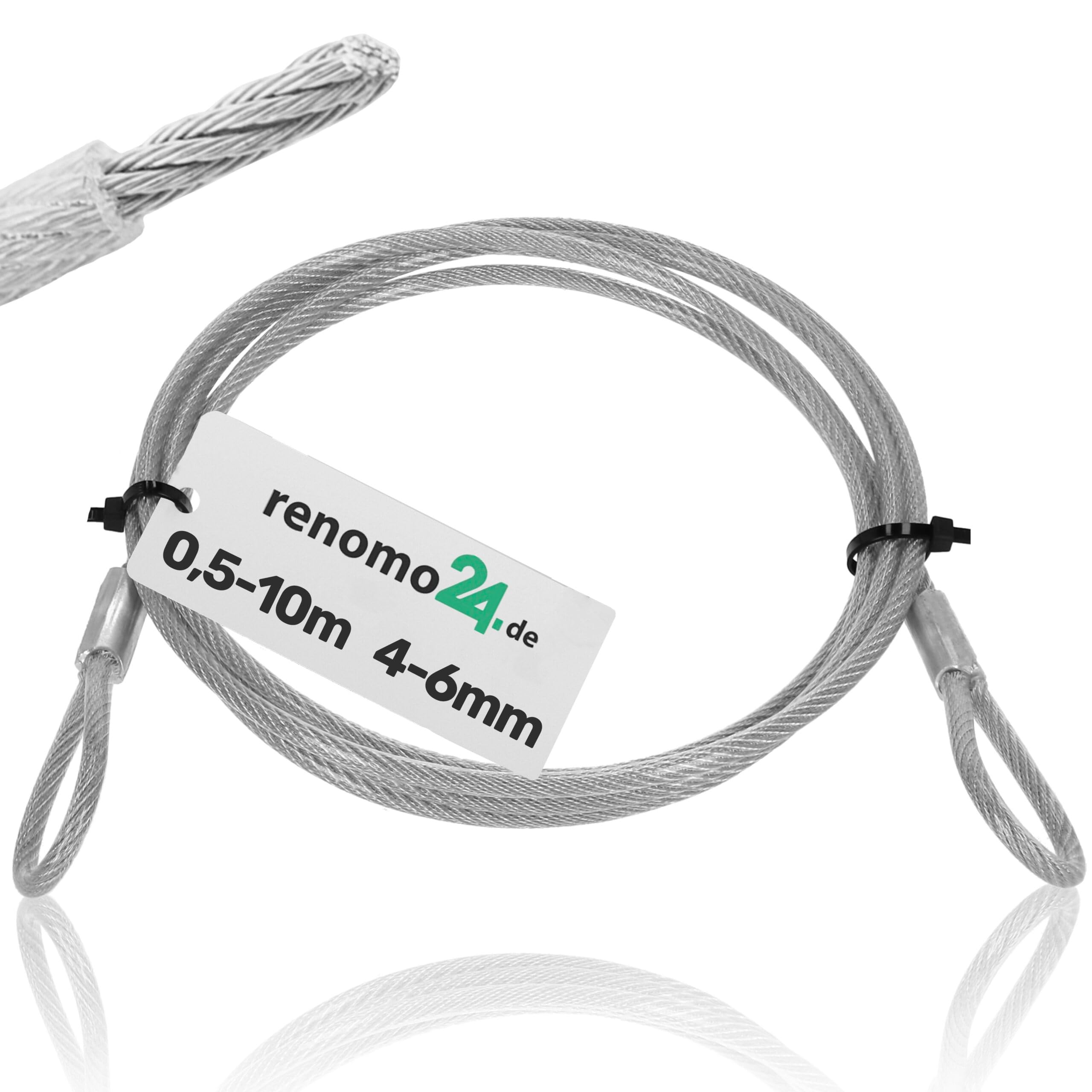 Renomo24 PVC Drahtseil mit Ösen 4mm - 6mm Stahlseil verzinkt und ummantelt, Sicherungsseil, Schlaufenkabel (2m, 6mm)