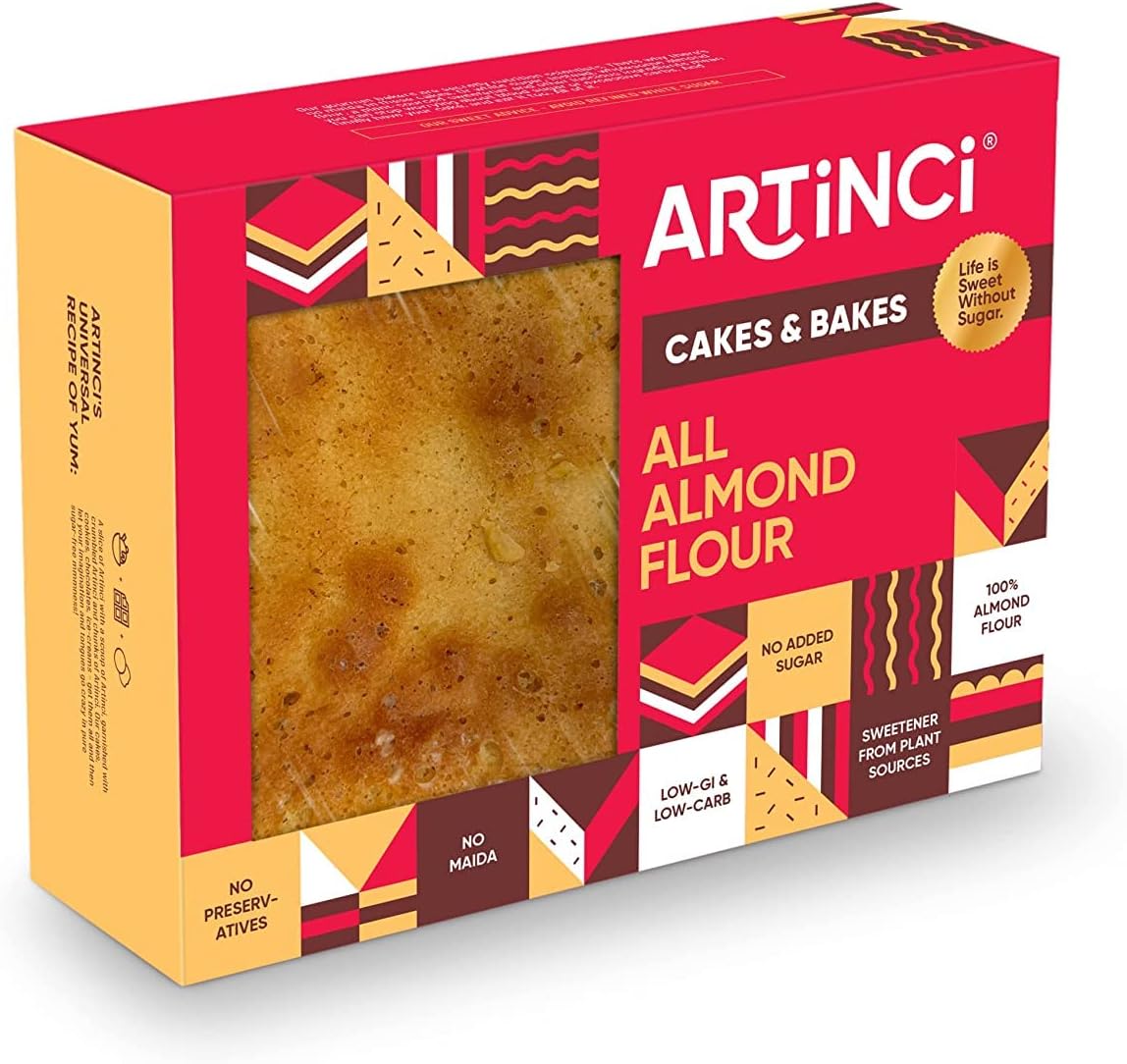 Artinci Sugar Free Almond Flour Cake (Pack of 1, 3 Servings) 150gm | Gluten Free, Low Carb, Keto & High Protein Snack | No Maida, Low GI | 5.8 g Protein per Serving |