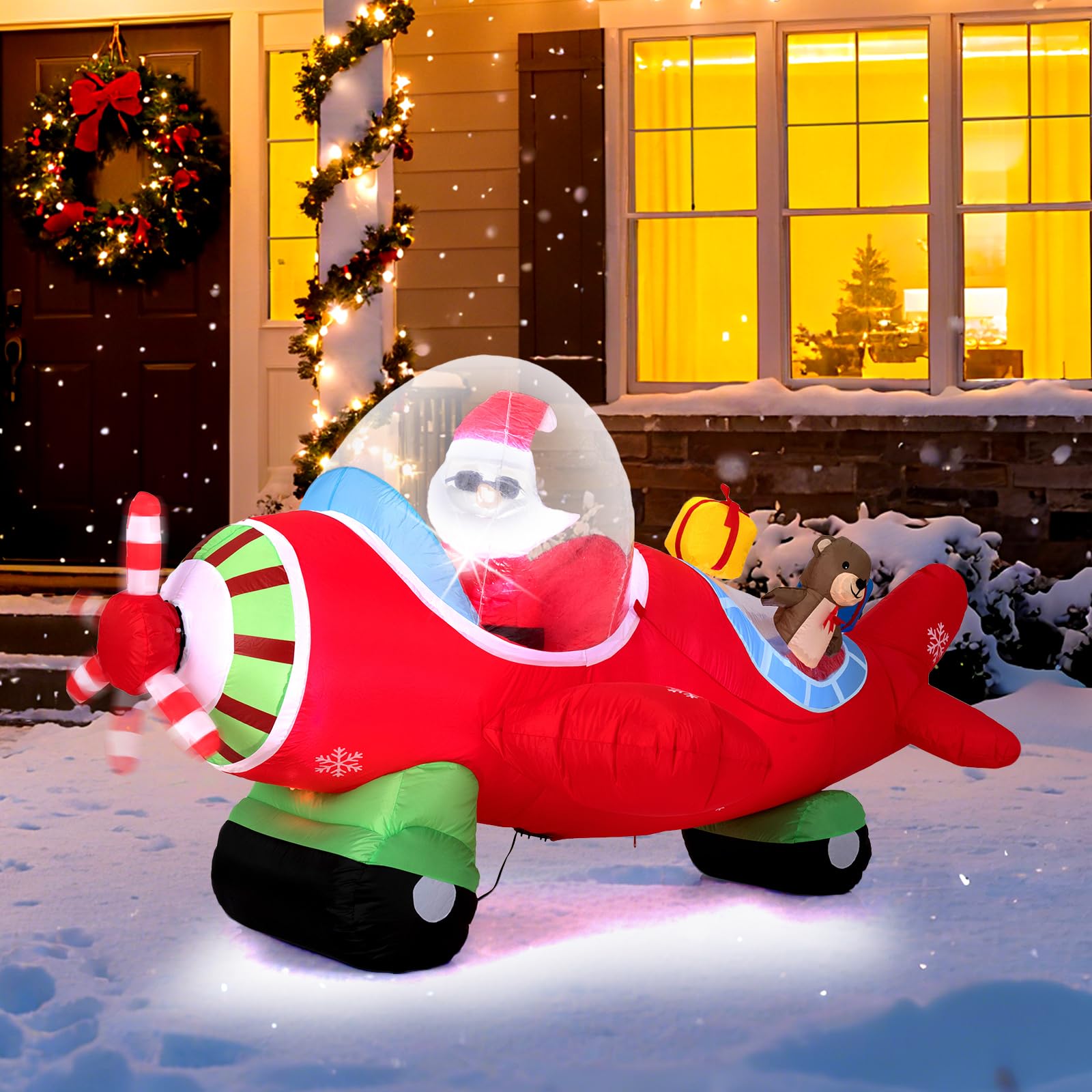 COSTWAY Babbo Natale Gonfiabile su Aereo 120 cm, Decorazione Natalizia da Esterno con Orsetto, Scatole Regalo e Luci LED, Decorazione Gonfiabile Invernale per Festa, per Giardino, Cortile e Casa