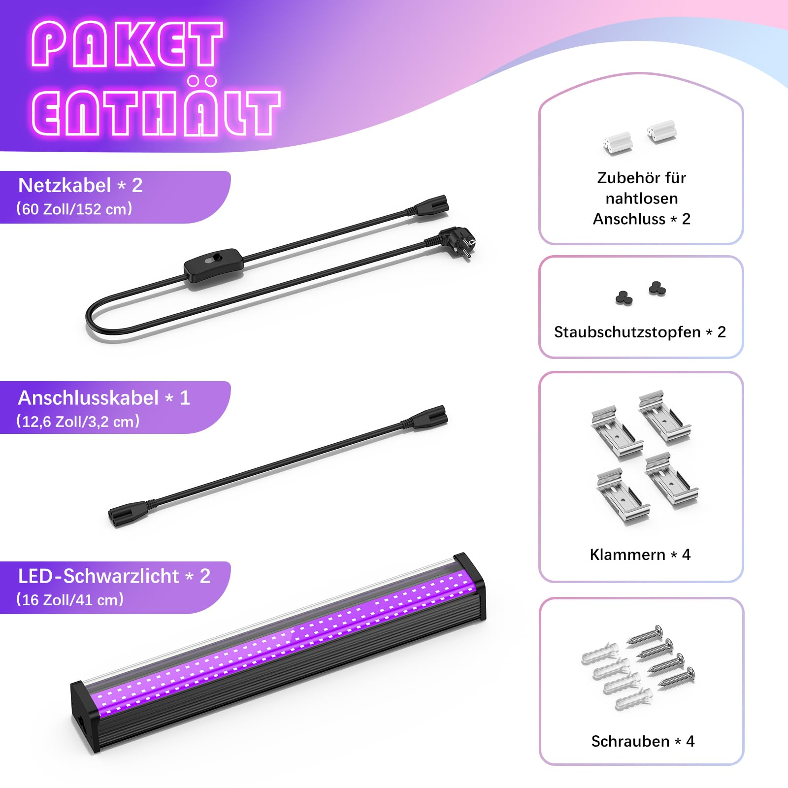 Glostars 2er 26W Schwarzlicht LED, 1Ft Röhre mit Stecker & Schalter, 395nm Schwarzlichtlampe, UV Lampe für Schwarzlicht Party Deko, Disco [Energieklasse A]