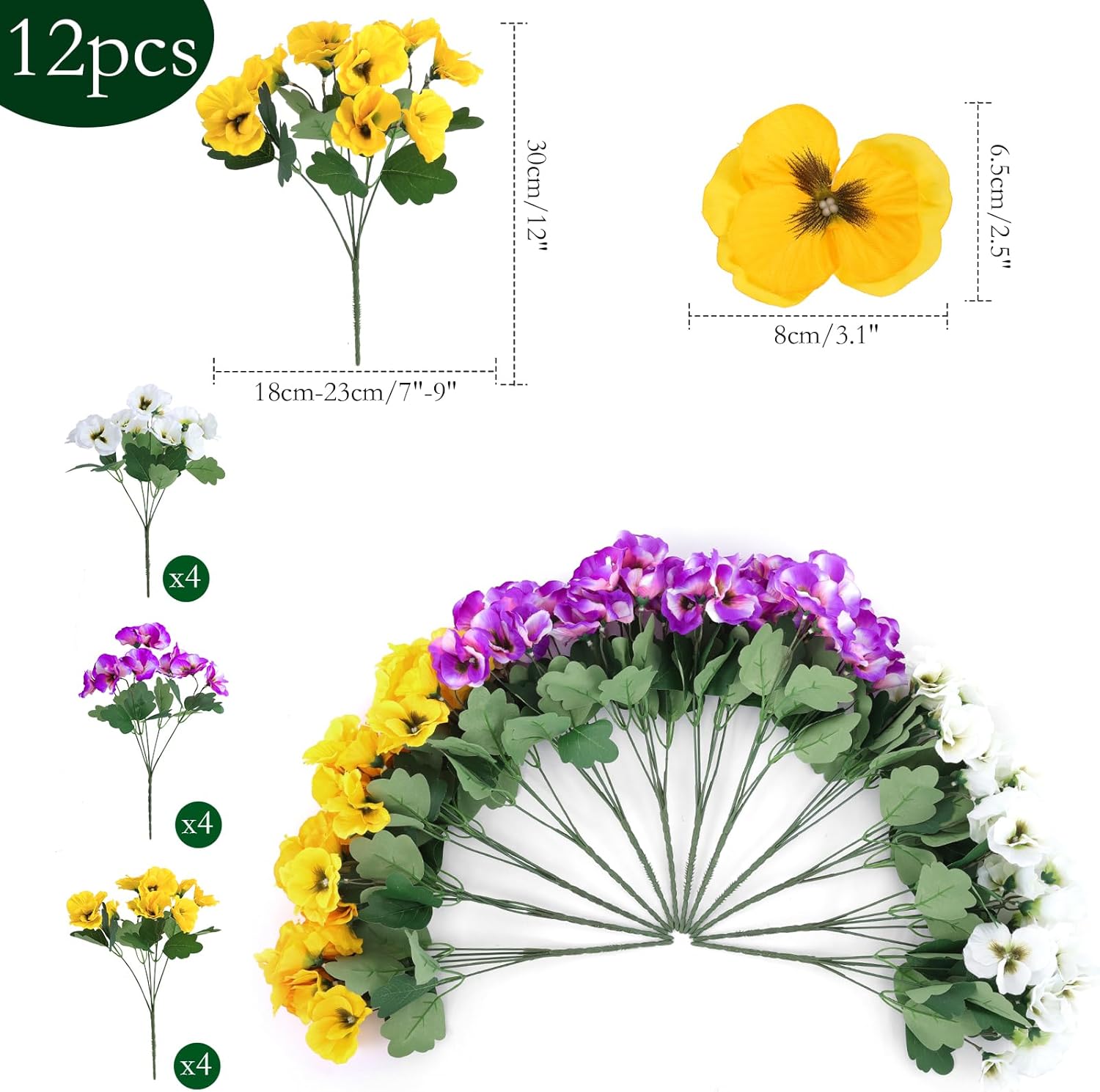 Hananona 12 Bundles Artificial Flowers Outdoor UV Resistant Artificial Silk Pansies Faux Plastic Flower in Bulk Fake Outdoor Plants(12, Yellow, White, Purple) - Image 2