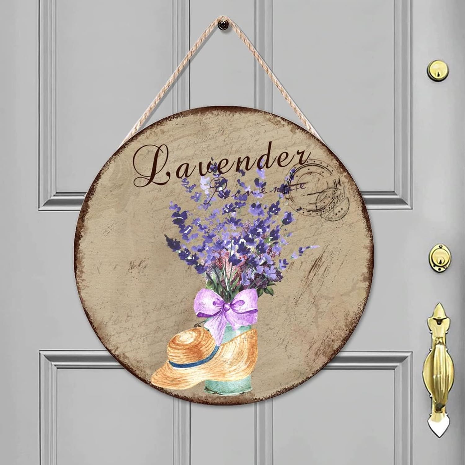 Personalized Pattern Wall Door Hanging Sign, Lavender Wood Door Sign, Custom Calligraphy 16x16in Front Door Round Wood Sign for Front Door Entryway Porch Bar Pub Farewell Party Housewarming Gifts