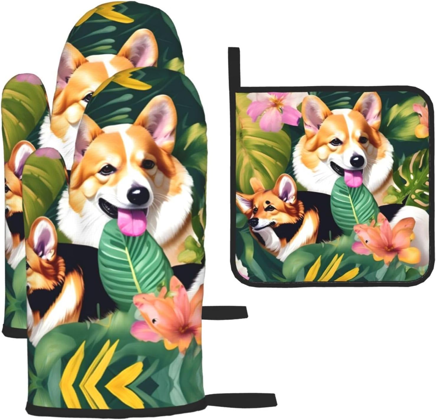 Tropical Flower and Corgi Print Heat Resistant Microwave Gloves, Used for Baking, Cooking, and Fashion Kitchen Essentials