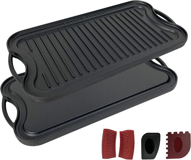 Pinnacle Cookware - Pre-Seasoned Large Cast Iron Reversible Griddle / Grill Pan Cookware 20inch x 10inch / 51cm x 25cm for Gas / Electric Hobs, with Side Handle Covers and Scrapers