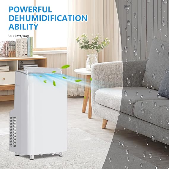14,000 BTU Portable AC Unit, 3-in-1 Cooling Dehumidifier and Fan, Ideal for Rooms Up to 350 Sq ft at Home Office or Dorm, Quiet Operation for Sleep, 24-Hour Timer, Rolling Wheels for Easy Moving
