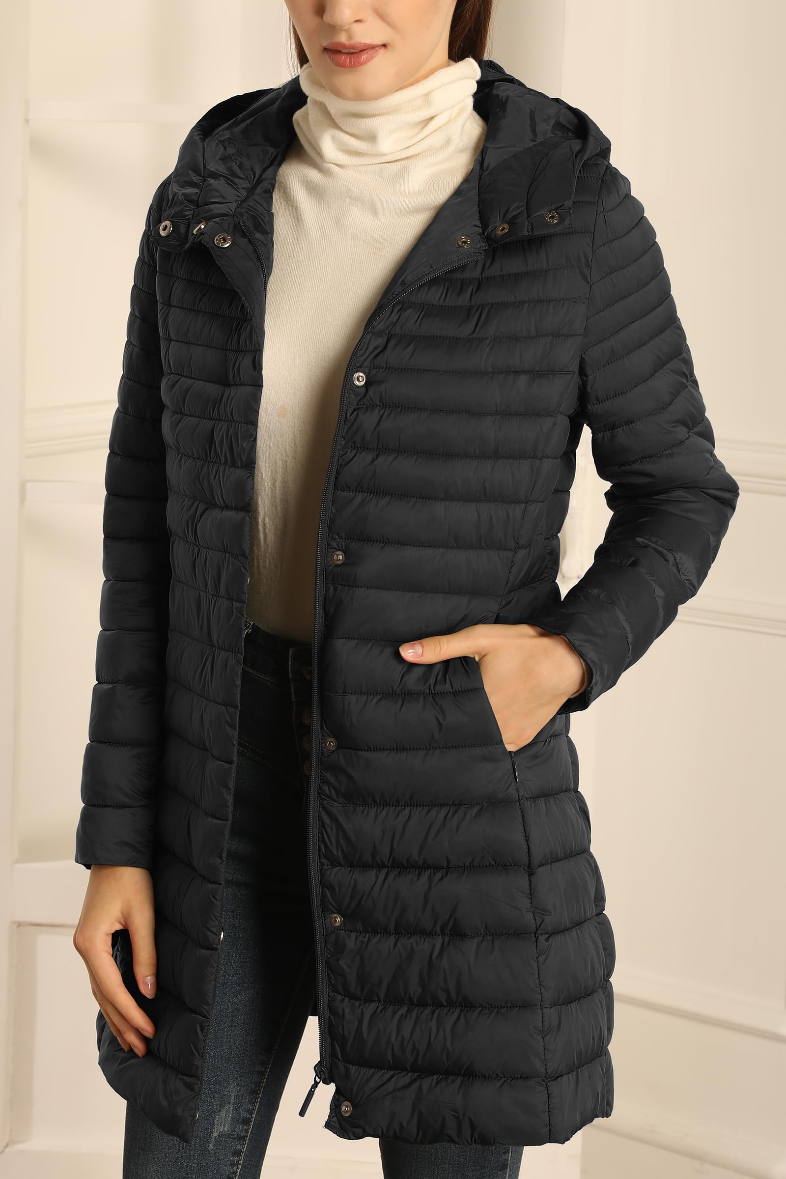 Giolshon Piumino Trapuntato Leggero da Donna, Caldo Giubbotto Invernale Lungo in Cotone Slim con Cappuccio
