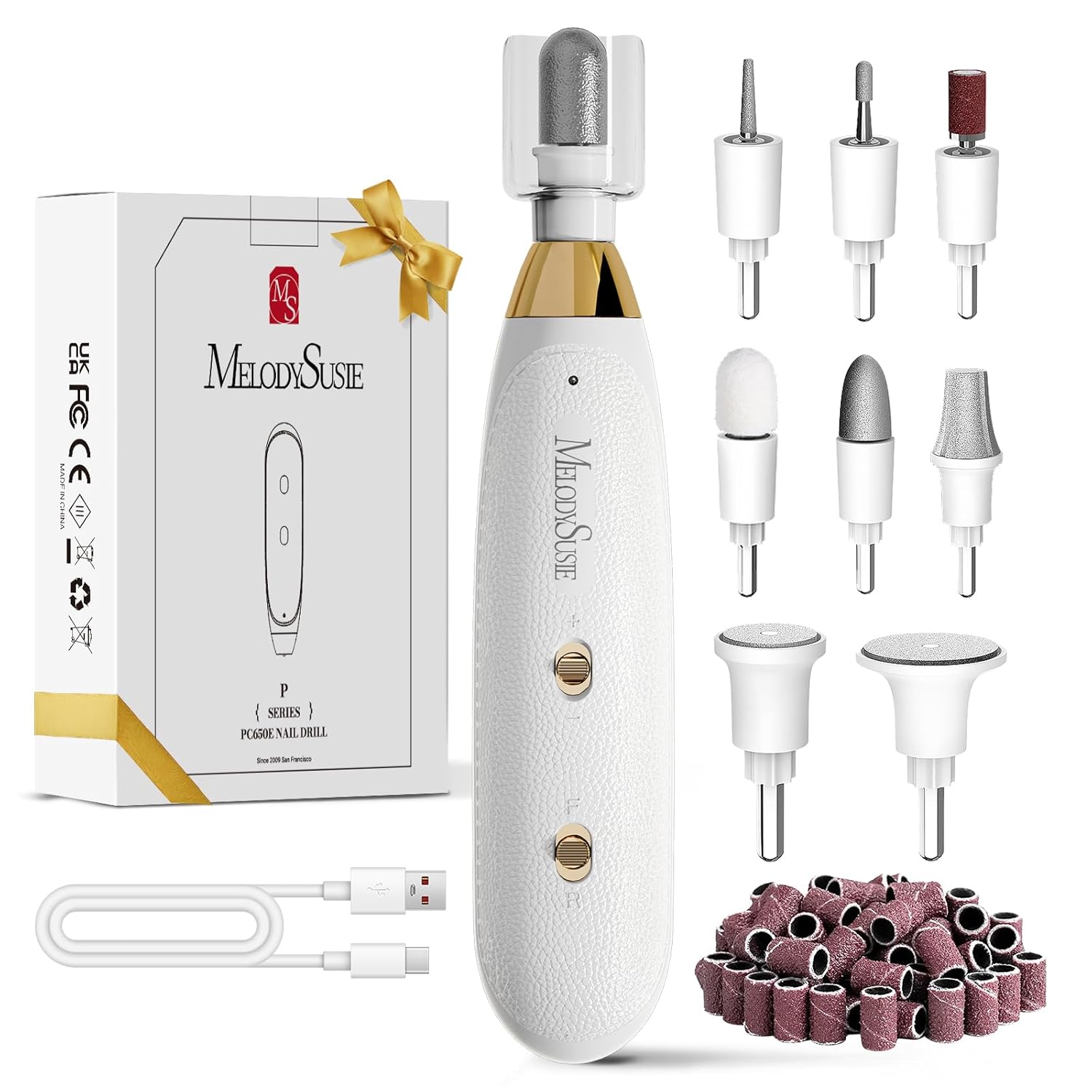 MelodySusie Professional Manicure Pedicure Kit, Cordless 8-in-1 Electric Nail Drill with 20 Speeds, Rechargeable E-File for Thick Nails & Cuticles, Ideal Foot Care for Women Men-PC650E (White Gold)