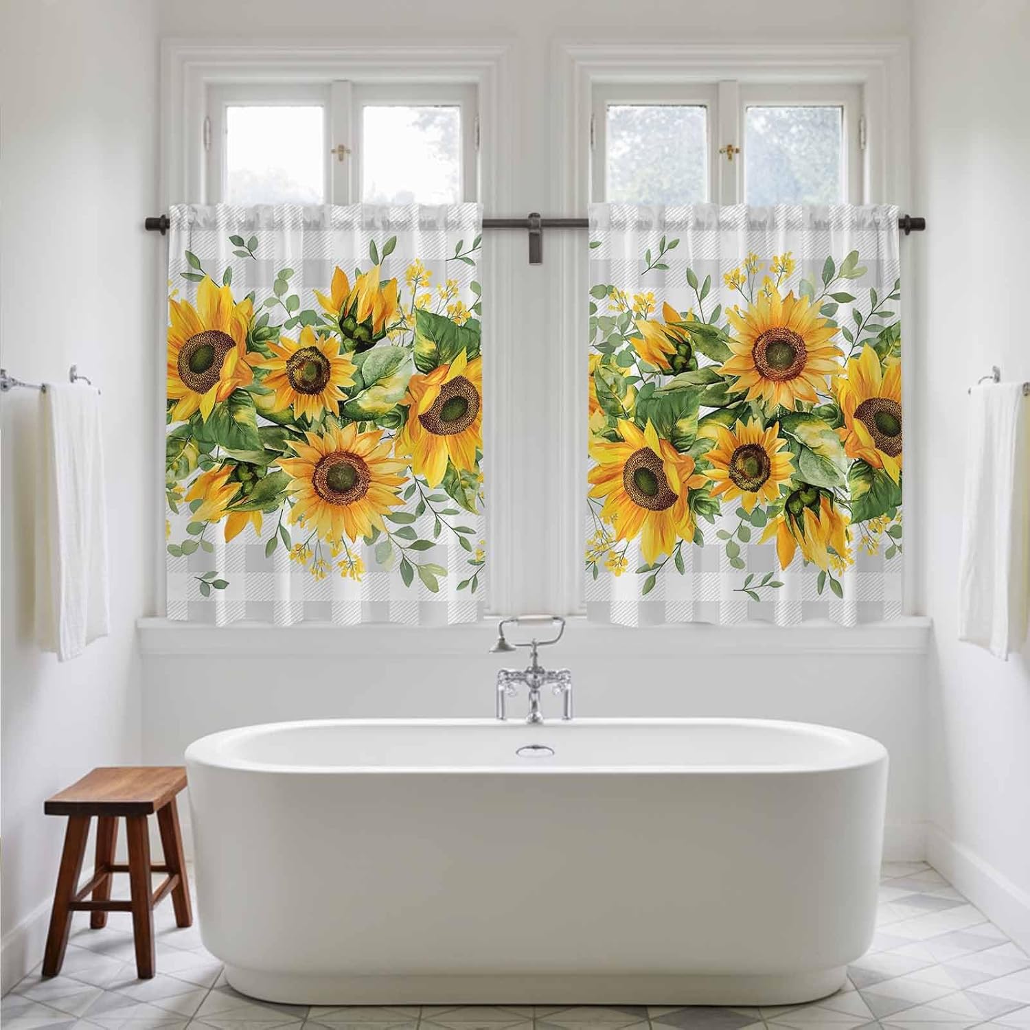 Sunflower Plaid Kitchen Curtains, Retro Yellow Green Floral Leaf Grey Light Filtering Window Curtain Panels, 2Pcs Rod Pocket Window Treatments Set for Cabin Bathroom Bedroom 52x45 Inches