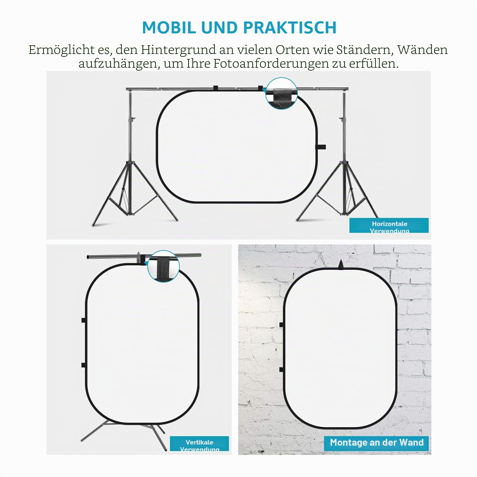 NEEWER 5x7ft/1,5x2m Faltbarer Chromakey Hintergrund mit Ständer, 8,5ft/2,6m