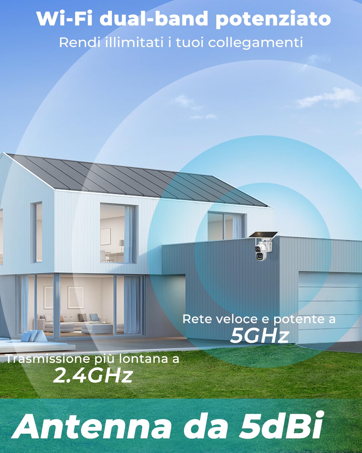 GENBOLT 2.5K AOV Solare Telecamera Wi-Fi Esterno Senza Fili di Sicurezza Esterni, Registrazione 7/24 3MP+3MP IP Videocamera Sorveglianza con Rilevamento AI, CCTV Camera Batteria 8W 15600mAh 2.4&5GHz